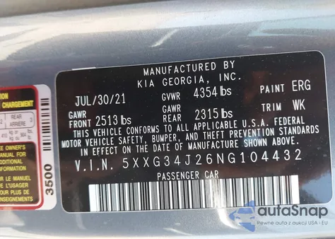 2022 Kia K5 Ex z USA, uszkodzony, nr VIN 5XXG34J26NG104432